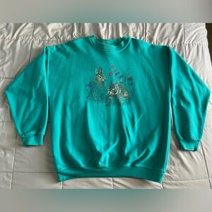 Northern Reflections XL Teal Bunny Rabbits Flowers Crewneck Jumper Pullover